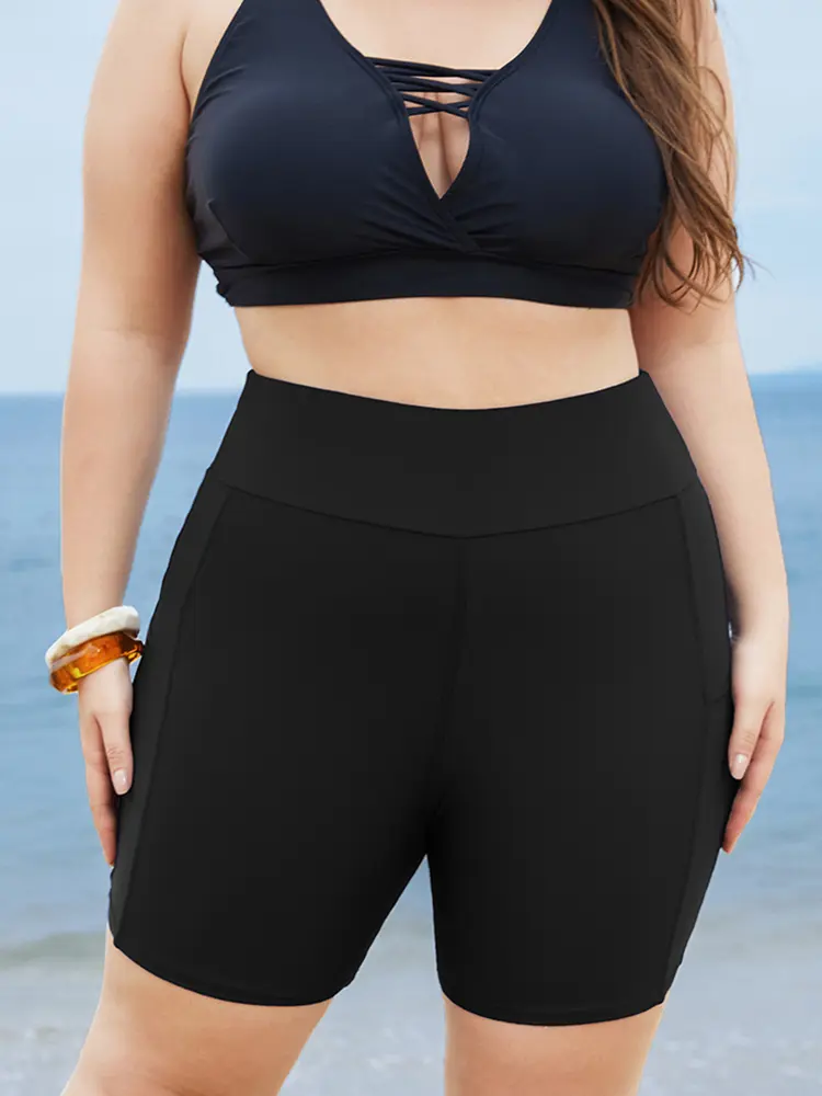 BLOOMCHIC Plus Size Nylon Blend High Rise Wide Waist Swimming Shorts - Tammy Control Summer Turn-Up, High Rise Swim Bottoms, Sizes M-6X, 2026 Spotlight Collection, Summer Deals, Sport & Outdoor Rashguard-Compatible Swimset, Breathable For Hot Days