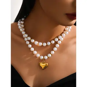 Luxurious High-quality Women's Necklace, Double-layer Imitation Pearl Heart-shaped Pendant Necklace, Valentine's Day, Mother's Day Gift, Wedding, Banquet, The Best Holiday Gift Jewelry for Your Lover