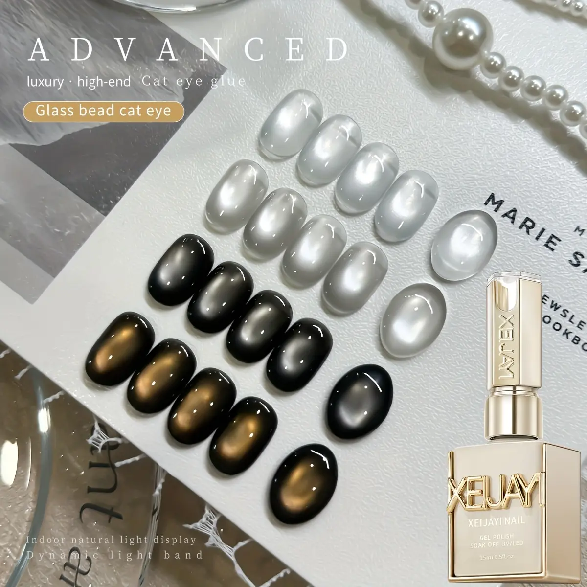 XEIJAYI White Moonlight Pearl Cat Eye Nail Polish Glue 4 Colors Super Bright Autumn Winter Popular Magnetic Nail Art Super Shining Luster Fashionable LED Salon Cat Eye Art
