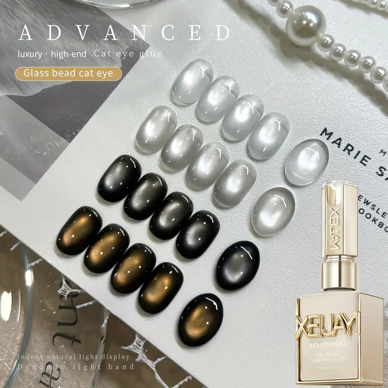 XEIJAYI 4-Color 15ml TPO-HEMA Free Luminous UV Nail Gel Bottle Set, White Moonlight Pearl Glitter Magnetic Glossy Finish, LED-Curing Cosmetic for DIY Salon Nails Inspo at Home