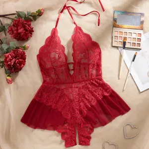 AESKEIA Valentine’s Day Halter Lingerie Set - Flirty Lace Housemaid Dress Style Romantic New Year-Inspired V-Day Outfit Womenswear Cami Deep V-neckline Open-back Ultra-soft Stretchy Lace Adjustable Waist Ties