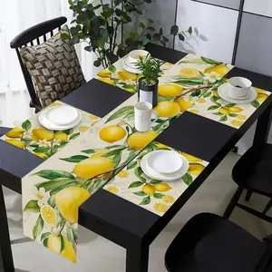 2D flat printing, 1/2/4/6/8/5/7 piece set of table flag placemat, lemon flower watercolor pattern kitchen table flag placemat and plate set, suitable for home furnishings, holiday table decoration, table flag and plate set, Aesthetic