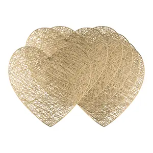 REGALWOVEN Heart Shape Placemats 6pcs, Happy Valentine's Day Dining Table Place Mats Home Kitchen Decor, Wedding Anniversary Decor 15*15.4inch Gold