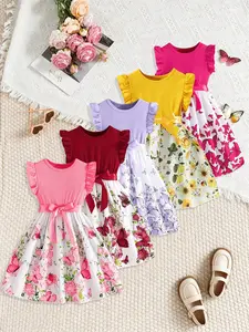 5-Piece Set New Girls' Fashion Round Neck Sleeveless Ruffle Dress, Floral Butterfly Digital Print, Princess Style, Perfect for Holidays and Beaches