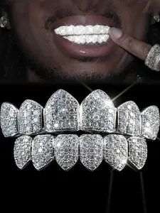 Full-Cover Imitation Diamond Frame Grills Teeth Grillz, Upper & Lower Hip-Hop Style, Trendy Fashion for Men and Women, Perfect Holiday Gift