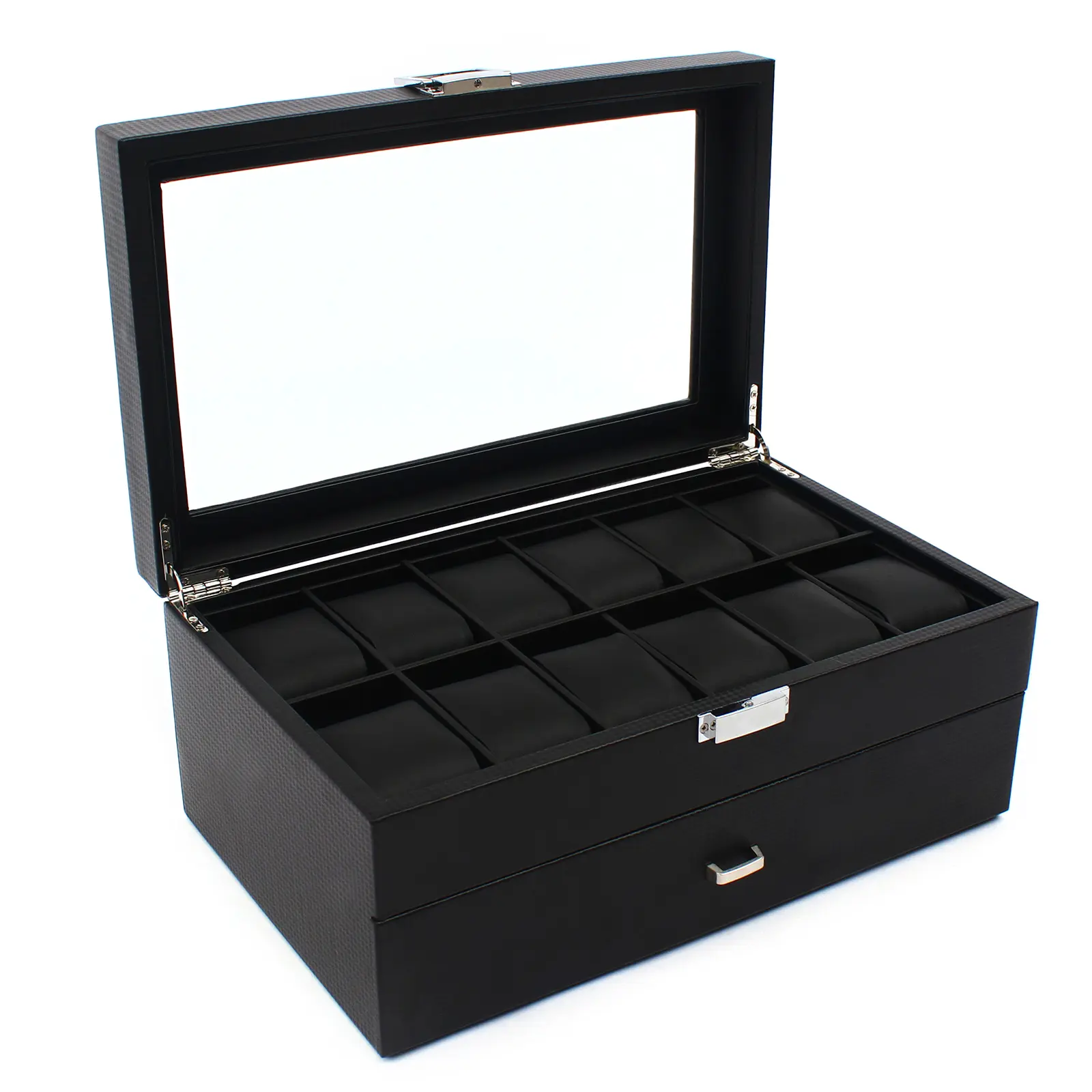24 Slot Watch Box, 2 Layer Carbon Fiber Glass Top Jewelry Organizer Case, Lockable Watch Display Storage for Men Women, Dustproof, Black Gift