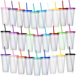 Clear Plastic Tumbler with Straw and Lid Bulk Water Bottle Iced Coffee Travel Mug Cup with Lid and Straw  Plastic Cups for Christmas Water Smoothie Party Birthday(28 Pack,24 oz)