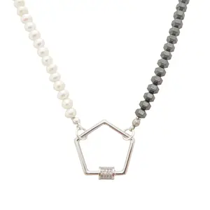 Beaded hematite and pearl with carabiner clasp necklace