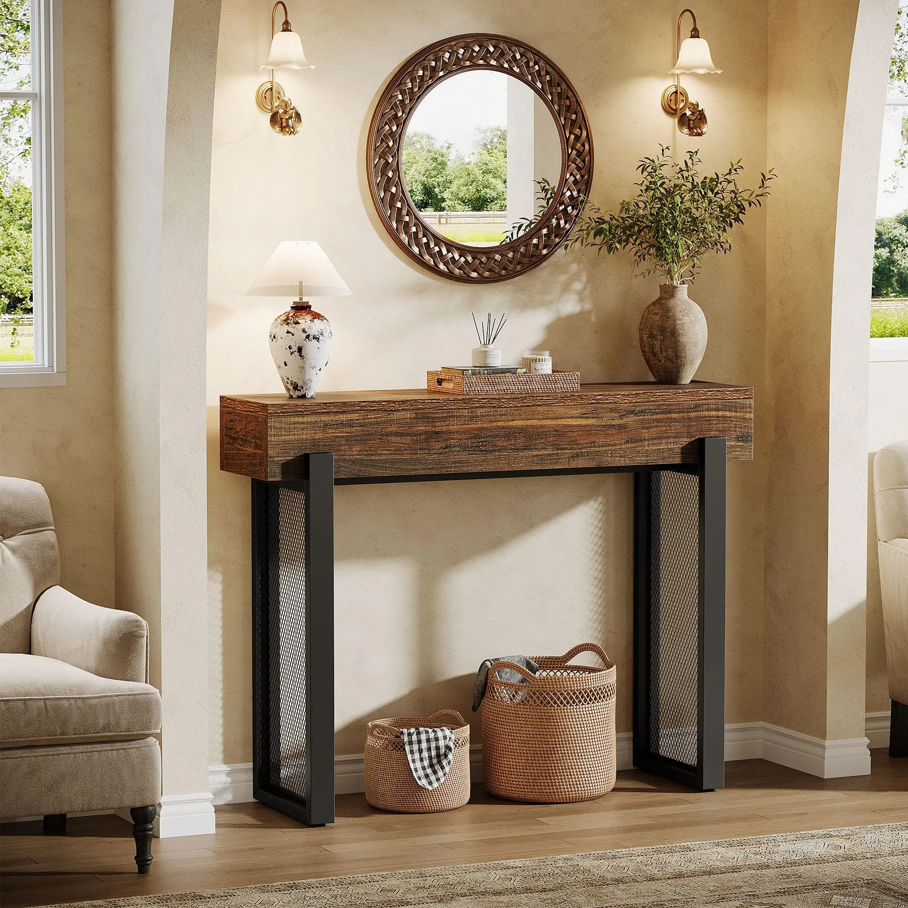 TRIBEWOOD 41" Wood Console Table with Storage, Industrial Small Entryway Table with Mesh Metal Legs, Narrow Sofa Table Behind Couch for Living Room, Entryway, Foyer, Hallway