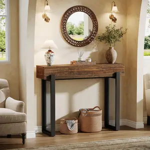 TRIBEWOOD 41" Wood Console Table with Storage, Industrial Small Entryway Table with Mesh Metal Legs, Narrow Sofa Table Behind Couch for Living Room, Entryway, Foyer, Hallway