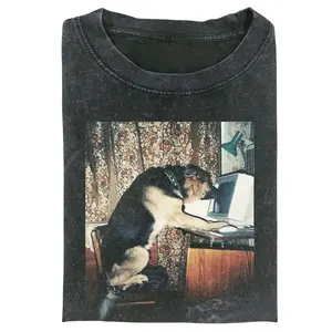 Funny Working Dog Graphic T-Shirt, German Shepherd Using Computer Vintage Meme Scene, Unisex Streetwear Tee For Dog Lovers, Retro Office Humor Outfit