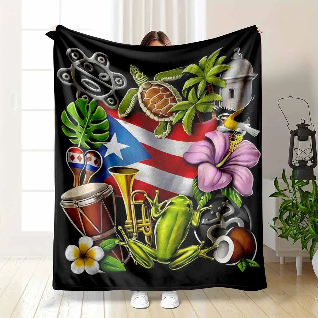 Cool Puerto Rico Pride Blanket Coqui Frog Taino Sun Print Soft Flannel Fleece Throw Boricua Flag Pattern Tropical Island Gift For Rican