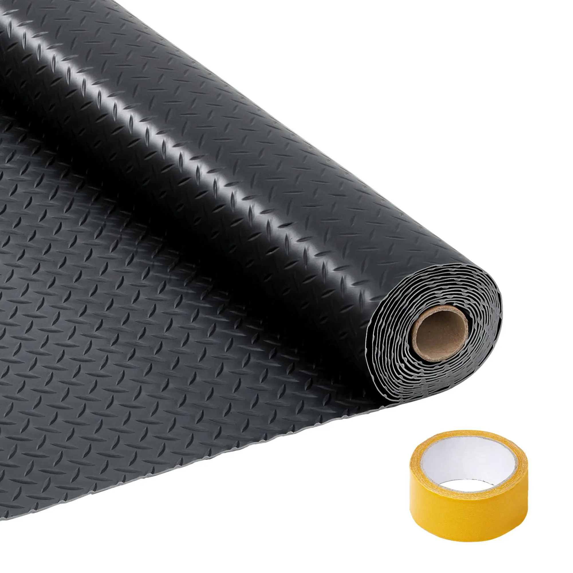Non Slip Heavy Duty Garage Flooring with Diamond Plate Texture, PVC Rubber Roll for Workshop and Gym Protection, Includes Installation Tape