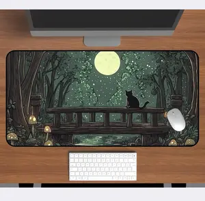 Moonlight Cat Forest Desk Mat, Witchy Black Cat Mousepad, Cozy Nighttime Aesthetic For Dark Academia Workspace