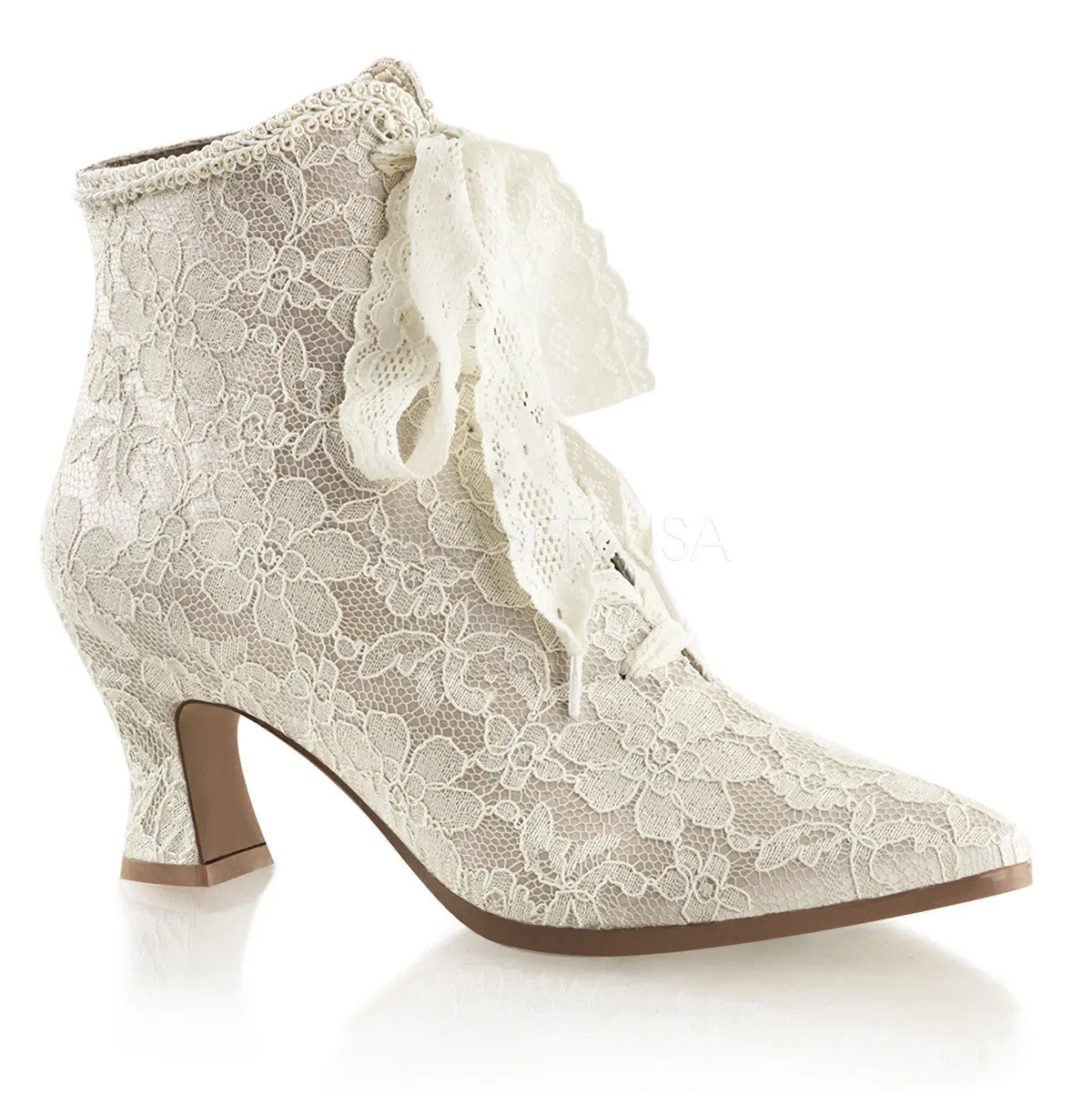 Women's Retro Victorian-30 High Heel Shoes - 2in Champagne Satin Footwear with Lace, Ribbon, Floral Overlay, Flare, Pointed Toe, Cushioned Sole, Ideal for Wedding Events, Elegant Vintage Bridal Heels