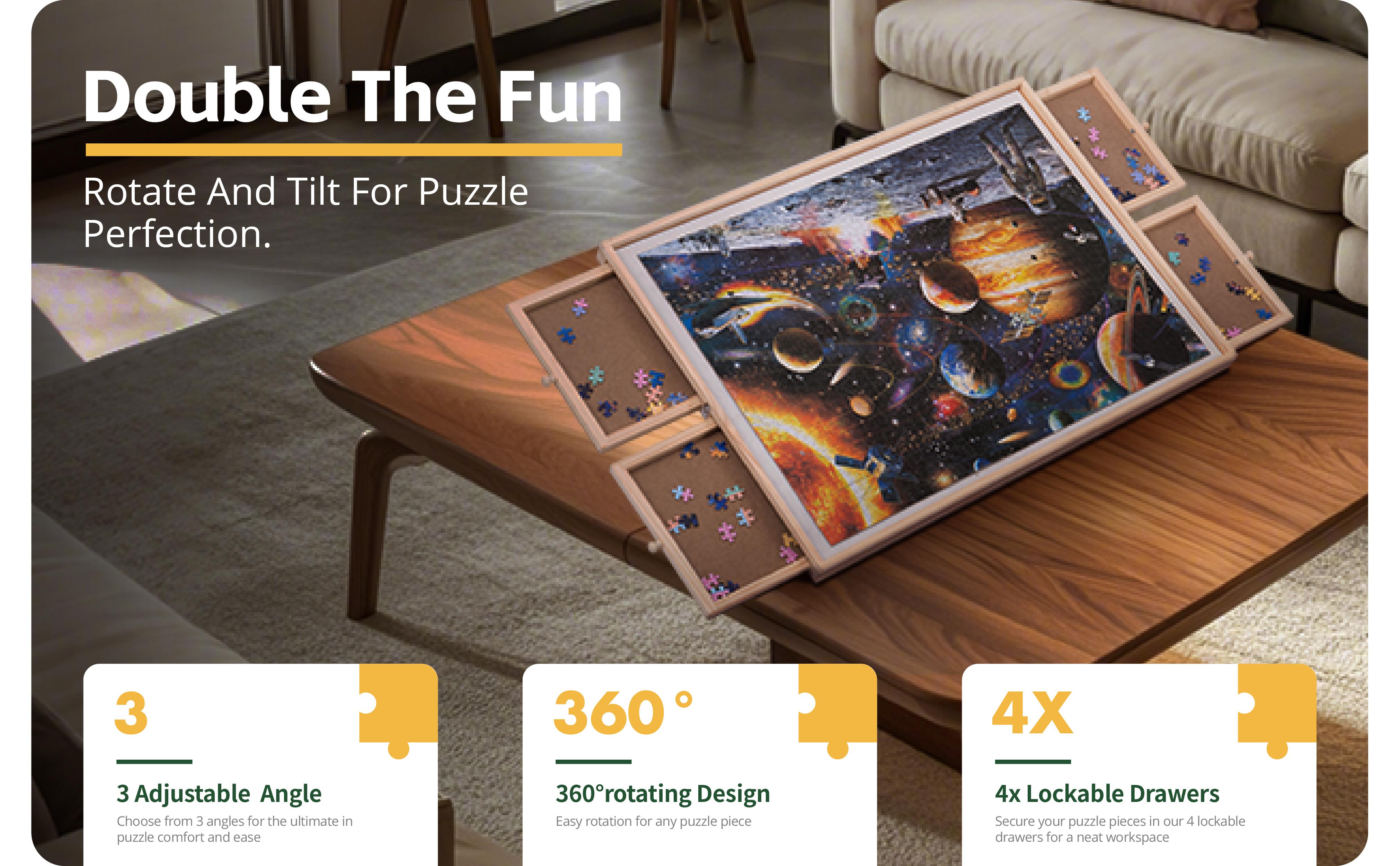 1500 Pieces Rotating & Tilting 2-in-1 Puzzle Board 26" x 35" with 4 Drawers 1 White Puzzle Mat 1 Lazy Susan , Wooden Portable Storage Jigsaw Puzzle Table with Handle Ideal Gift，Spinning Tilting Portable Jigsaw Puzzle Table for Adults Professional Puzzle