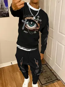 Men's Cyberpunk Los Angeles Theme Round Neck Sweatshirt Set, Fitted Jogger Pants with Waist Drawstring, Soft Skin-Friendly Fabric