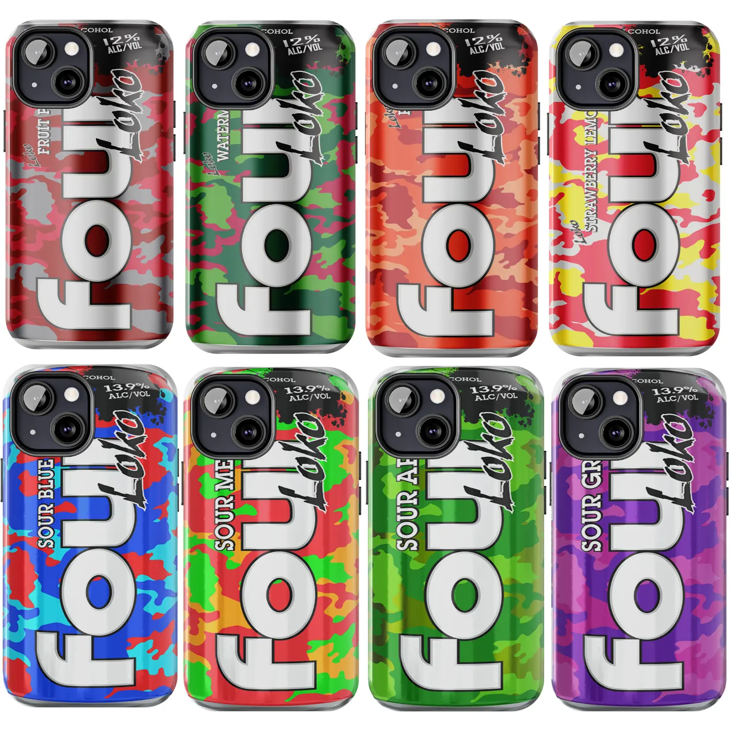Four Loko Can Phone Cases iPhone 16 15 14 13 12 11 X Xs Xr 8, Core Flavors, Sour Flavors Cover, Sour Apple, Blue Razz, Grape, Melon, Fruit Punch, Strawberry Lemonde, Durable Accessories