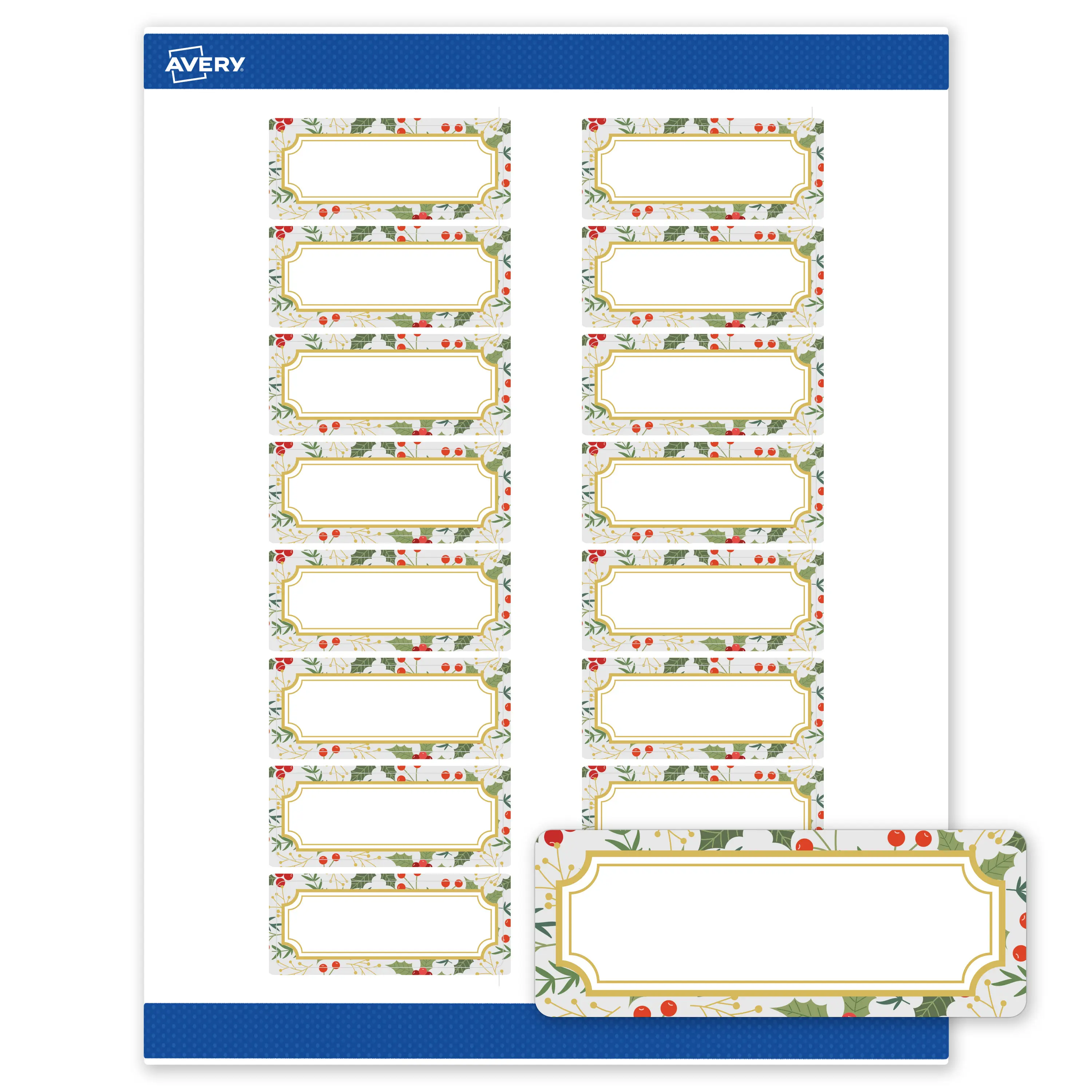 Avery® Printable Christmas Address Labels with Sure Feed® Technology, 1" x 2-5/8", Pre-Printed Light Blue Border with Metallic Gold Frame Design, Matte White, Laser & Inkjet Compatible, 160 Total