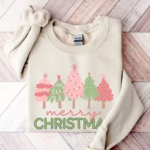 Merry Christmas Trees Sweatshirt, Pink Tree Christmas Sweater, Womens Holiday Sweater, Cute Christmas Sweater, Cozy Xmas Gift