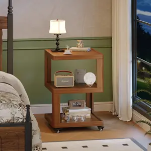 3-Tier Wooden End Table With Wheels, Wooden Night Stand