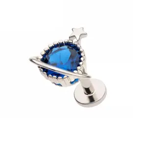 Blue CZ Crystal Planet and Star Threadless Flat Back Stud - 316L Stainless Steel