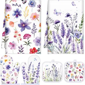 Oven Mitts and Pot Holders Kitchen Dish Towels Set Purple Lavender Flower Kitchen Towels Dishcloths for Baking Cooking BBQ Grilling Ideal Gifts for Women