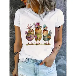 Casual Top - Crew Neck - Cute Chicken Print - Short Sleeve T-shirts - For Summer & Spring - Women's Clothing