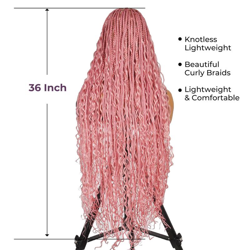 Valentine's Day #Pink 36" Full Lace Bohemian Knotless Boho Box Braided Wig – SuperNova, Lightweight, Breathable, Natural Look, Long-Lasting & Easy to Maintain