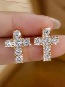 Simple Copper Cross Earrings with Zircon, Elegant Plain Design, Versatile Earrings, All Seasons Jewelry, No Precious Metal Plating, Choking Hazard Free