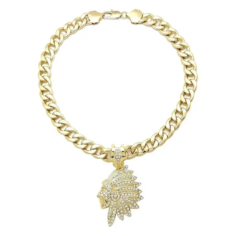 MaxBling81 Celebrity Style Native American Chief Motif Chain Jewelry Necklace - Hip Hop-Inspired Gold-Silver Plated Pendant, 10mm Cuban Link Chain, Multi-Size Costume Jewelry (18in, 20in, 24in, 30in), Chain Jewelry Necklaces