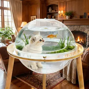 2 In 1 Cat Bed And Fish Tank Acrylic Aquarium With Wooden Legs Interactive Cat Furniture Space Saving Easy Clean Scratch Resistant Cat TV