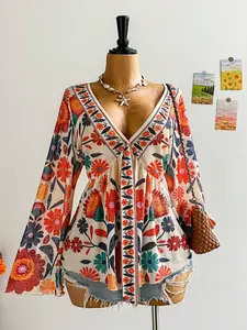 Plus Size Women Vacation Knit Mesh Vintage Floral V-Neck, Long Flare Sleeve Front Tie Blouse, Stylish Casual Top for Summer