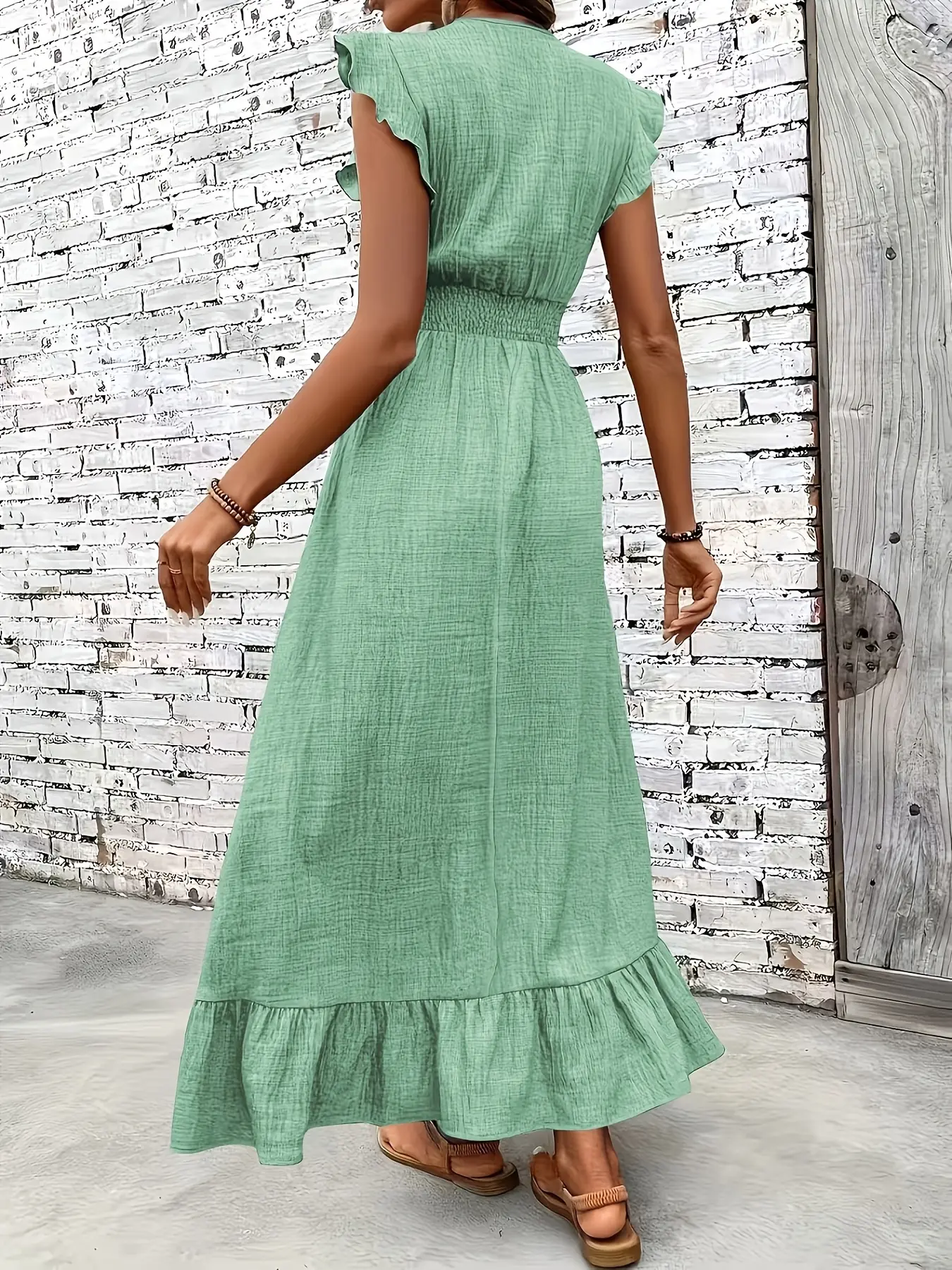 Women's Crinkled Poly Floor-Length Long Dress,Sage Green Boho Outfits with Ruffle Cap Sleeves,V-Neck, Smocked Waist, Tiered Design, SummerBeach Casual Sundress - TikTok Shop Women's Crinkled Poly Floor-Length Long Dress,Sage Green Boho Outfits with Ruffle Cap Sleeves,V-Neck, Smocked Waist, Tiered Design, SummerBeach Casual Sundress - TikTok Shop