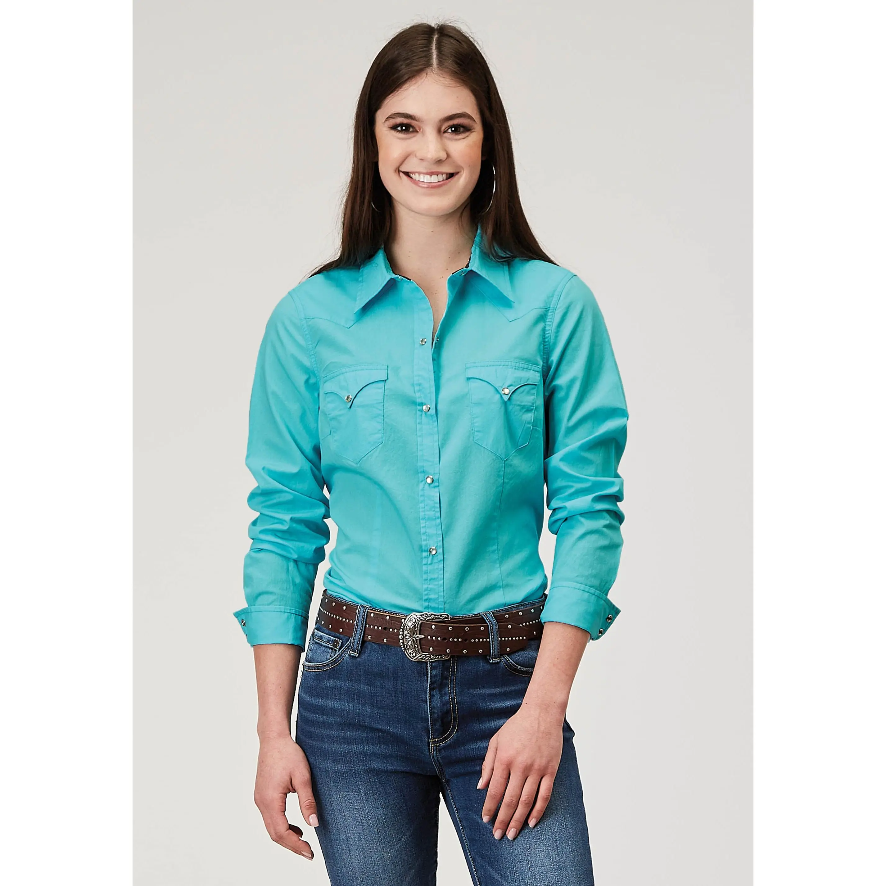 Womens Long Sleeve Snap Solid Poplin Turquoise Western Shirt
