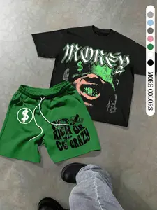 Two-Piece Set Men's Money Print Graphic Short Sleeve Crop Tee & Shorts, Loose Casual Fashion Round Neck T-shirt & Shorts for Daily Outdoor Wear, Men's Clothing for Summer, Menswear