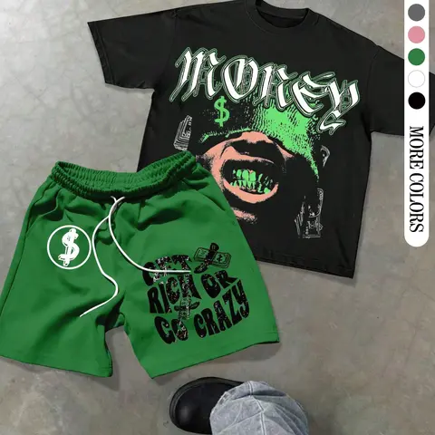 Two-Piece Set Men's Money Print Graphic Short Sleeve Crop Tee & Shorts, Baggy Loose Oversized Casual Matching Sets Fashion Round Neck T-shirt & Shorts for Daily Outdoor Wear, Men's Clothing for Summer, Menswear