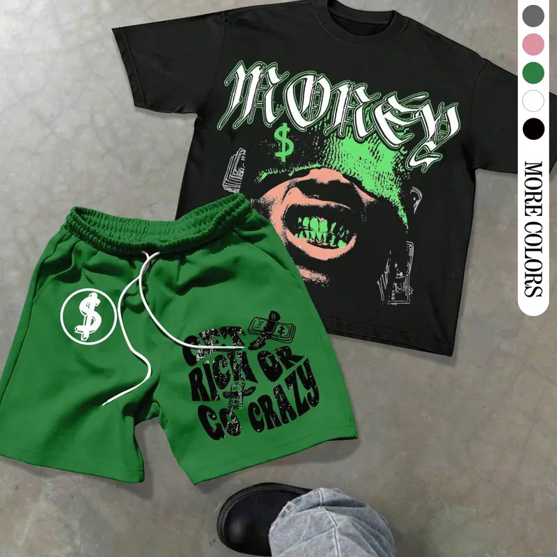 Two-Piece Set Men's Money Print Graphic Short Sleeve Crop Tee & Shorts, Baggy Loose Oversized Casual Matching Sets Fashion Round Neck T-shirt & Shorts for Daily Outdoor Wear, Men's Clothing for Summer, Menswear