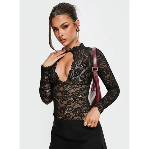 Kamara Long Sleeve Lace Bodysuit Black