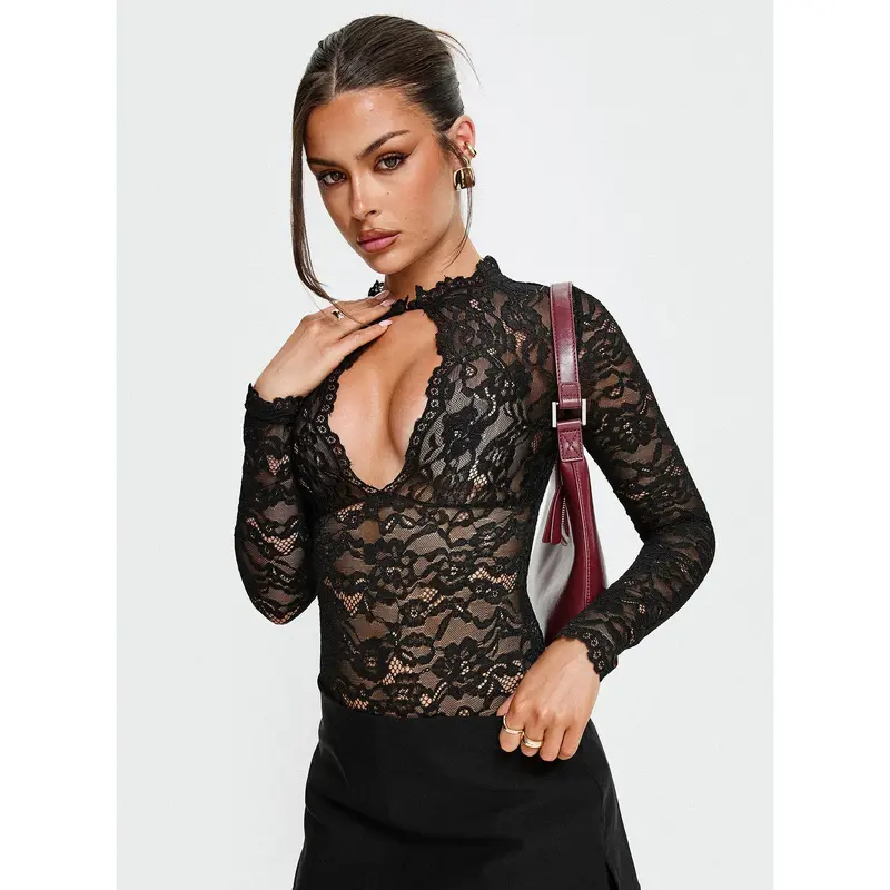 Kamara Long Sleeve Lace Bodysuit Black