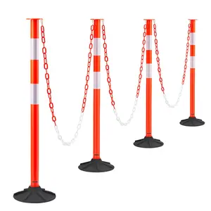 VEVOR 4 Pack Traffic Delineator Posts, Summervibes,Summervibes, 34 in Traffic Safety Cones with Weighted Base, Reflective Strips and Chain, Heavy Duty Delineator Posts for Construction Site, Parking Lot, Crowd Control, Red