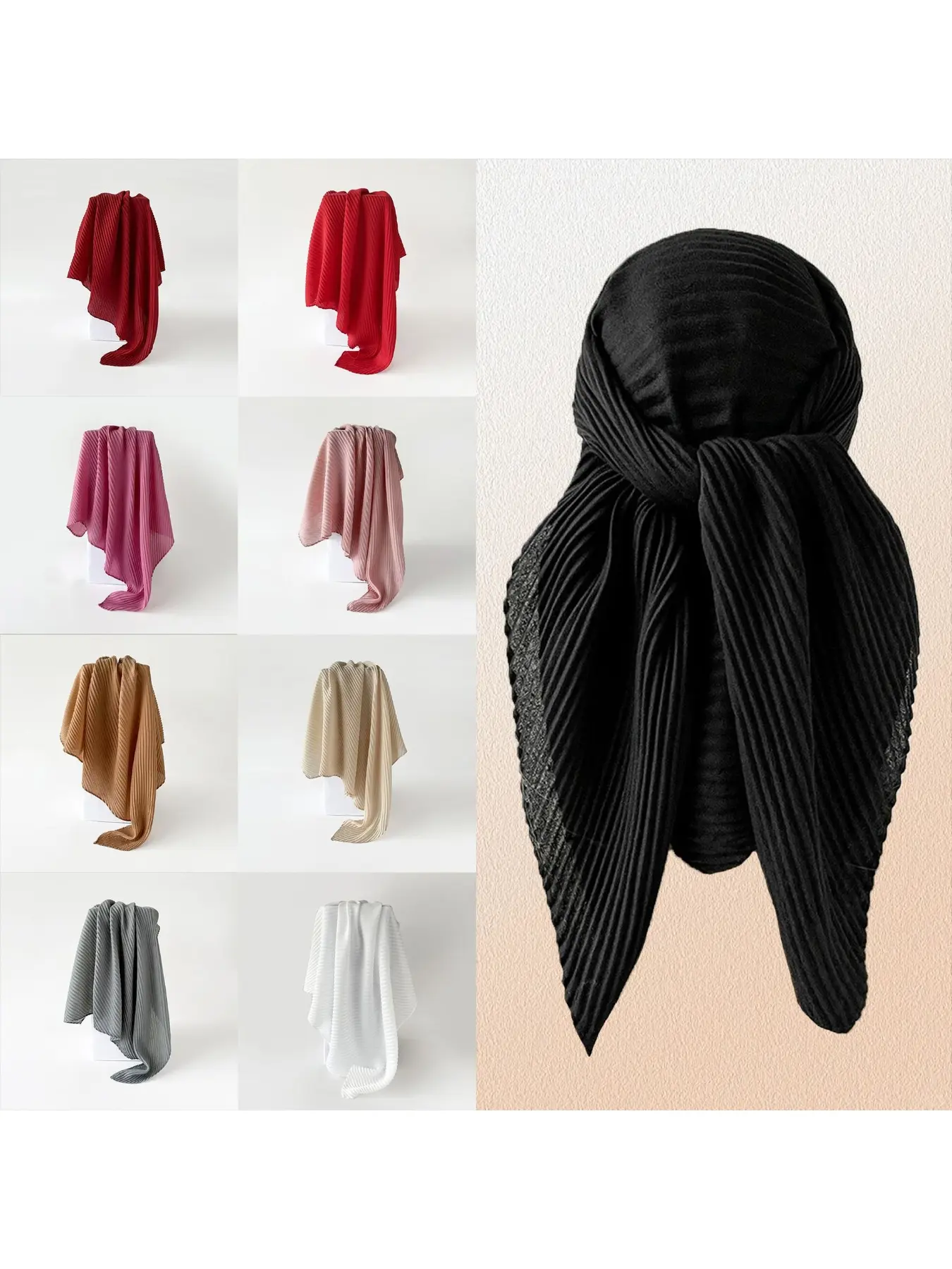European and American fashion pleated solid color silk scarf women 90CM square scarf headscarf new style shawl Scarf Head Wrap