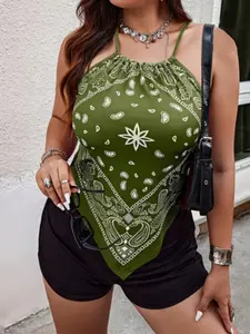 Plus Size Olive Walnut Flower Halter Bodysuit Top, Boho Vintage Tie Back Irregular Hem Vest, Women's Fashion Clothing