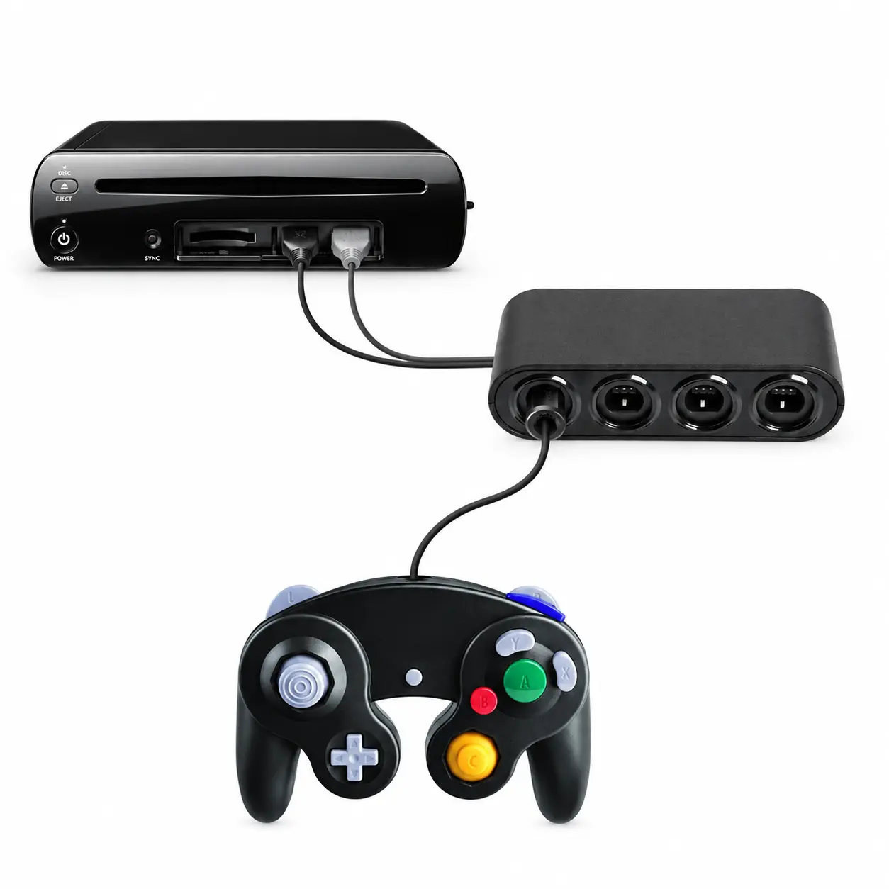 4 Port GameCube Controller Adapter Compatible with Nintendo Switch, Wii U and PC, Wired USB Gaming Converter with Dual USB Cables, Vibration Feedback Support, Mode Selector, 3 Foot Cable for Multiplayer Gaming, Black ABS