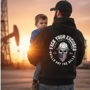 F*ck Your Excuses Skills Pay The Bills Hoodie, Blue Collar Oil Field Worker Shirt, Hard Hat Skull Graphic Hoodie, Patriotic USA Workwear, Dad Gift for Men Unisex Pullover