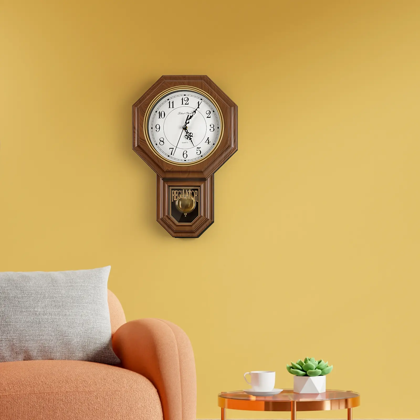 Antique Vintage Style Octagon Wood-Grain Regulator Pendulum Wall Clock - Large Clear Numerals, Simple Setup, Battery-Operated Chime Wall Decor for Hallway, Living Room