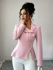 A pink, Elegant asymmetrical collar and waist cinched suit jacket for women, Long sleeve, with a slanted buckle design, suitable for commuting, shopping, and outdoor activities