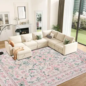Washable Area Rug, 9x12 Boho Floral Soft Rugs for Living Room, Non Slip Low Pile Carpet for Bedroom, Dining Room, Nursery, Hallway, Pink