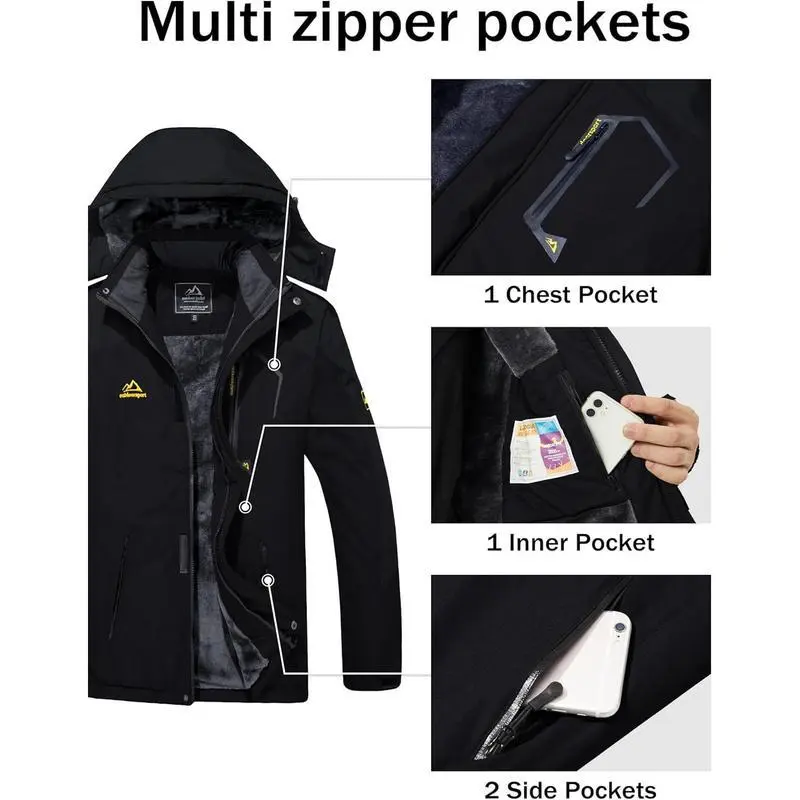 Men's Winter Ski Snow Jacket, Water-Resistant Warm Fleece-Lined Parka Raincoat with Hood & Multi-Pockets, All-Season Outdoor Functional Men's Outerwear Men's Winter Ski Snow Jacket, Water-Resistant Warm Fleece-Lined Parka Raincoat with Hood & Multi-Pockets, All-Season Outdoor Functional Men's Outerwear