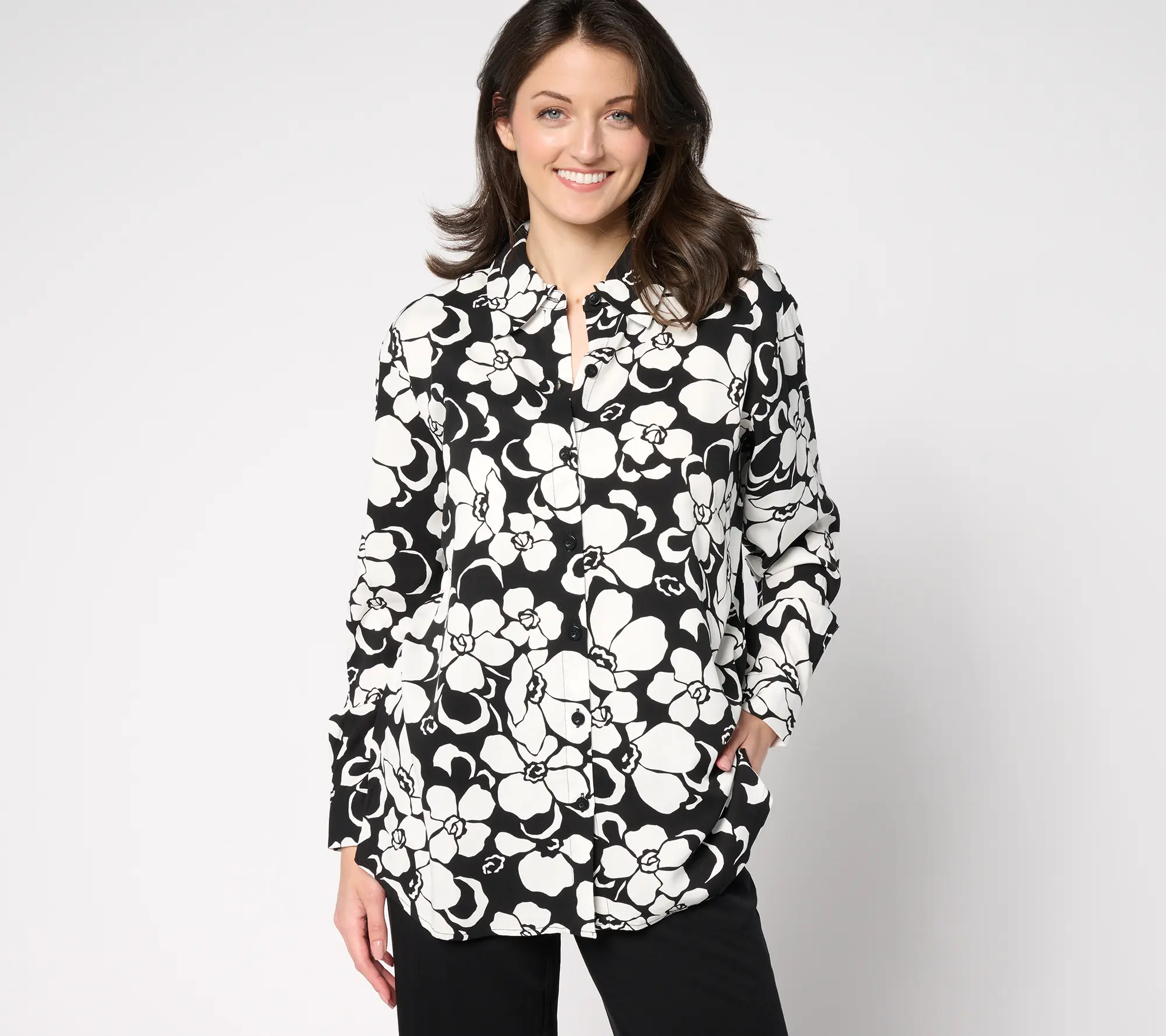 QVC Women's Brandis Dress Out Loud Duet Dressing Long-Sleeve Printed Button-Up Blouse, Beach-Ready Top Shirt